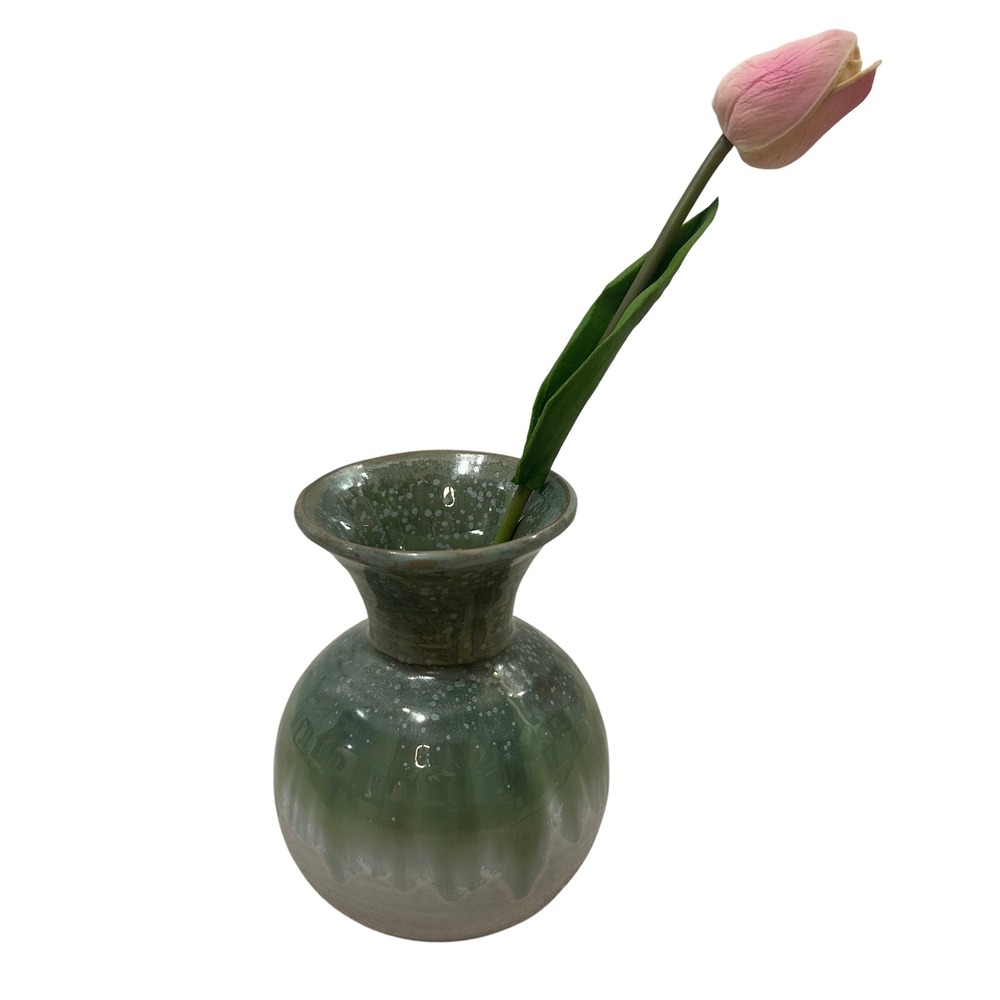 Green Reactive Drip Glaze Ceramic Bud Vase Bulbous Round Studio Pottery 5.5"